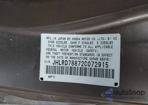 2002 Honda Cr-V Ex z USA, uszkodzony, nr VIN JHLRD78872C072915